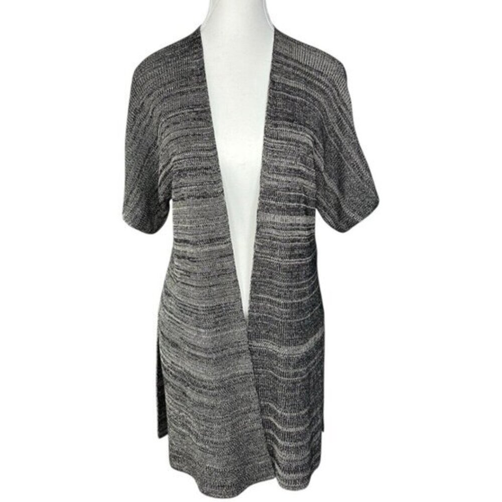 Eileen Fisher XXS/XS Black Grey Space Dye Knit Longline Open Front Cardigan Vest